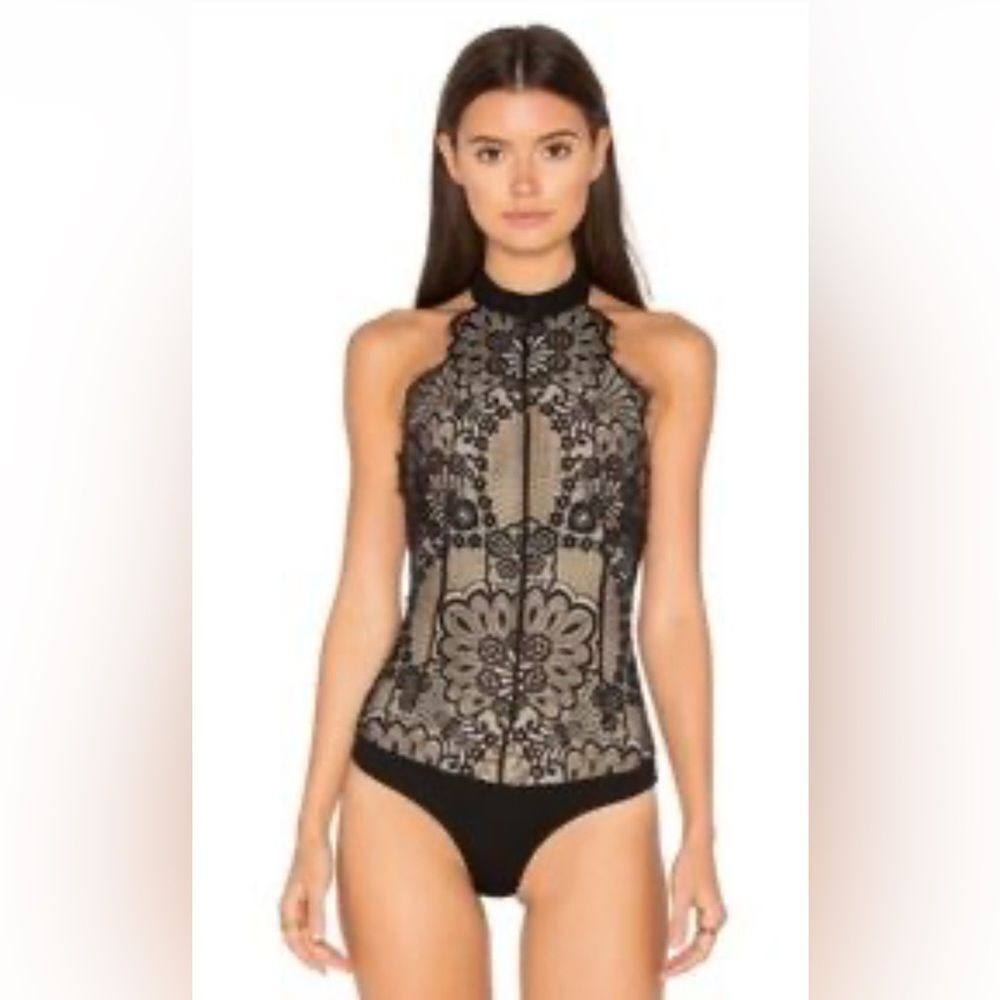 Majorelle Revolve Sarah Black Floral Print Lace Halter Open Back Bodysuit size S